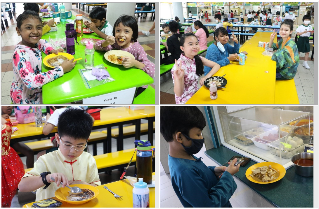 Four photos of school children eating meals in a school canteen with yellow and green tables.